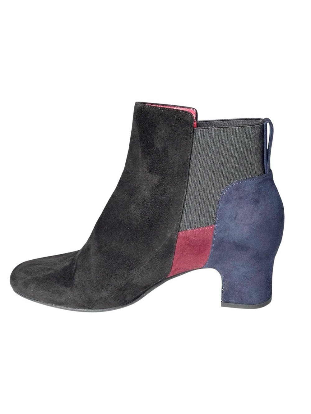 Pas de Rouge Italy Colorblock Suede Ankle Booties Black Navy Burgundy Block Heel